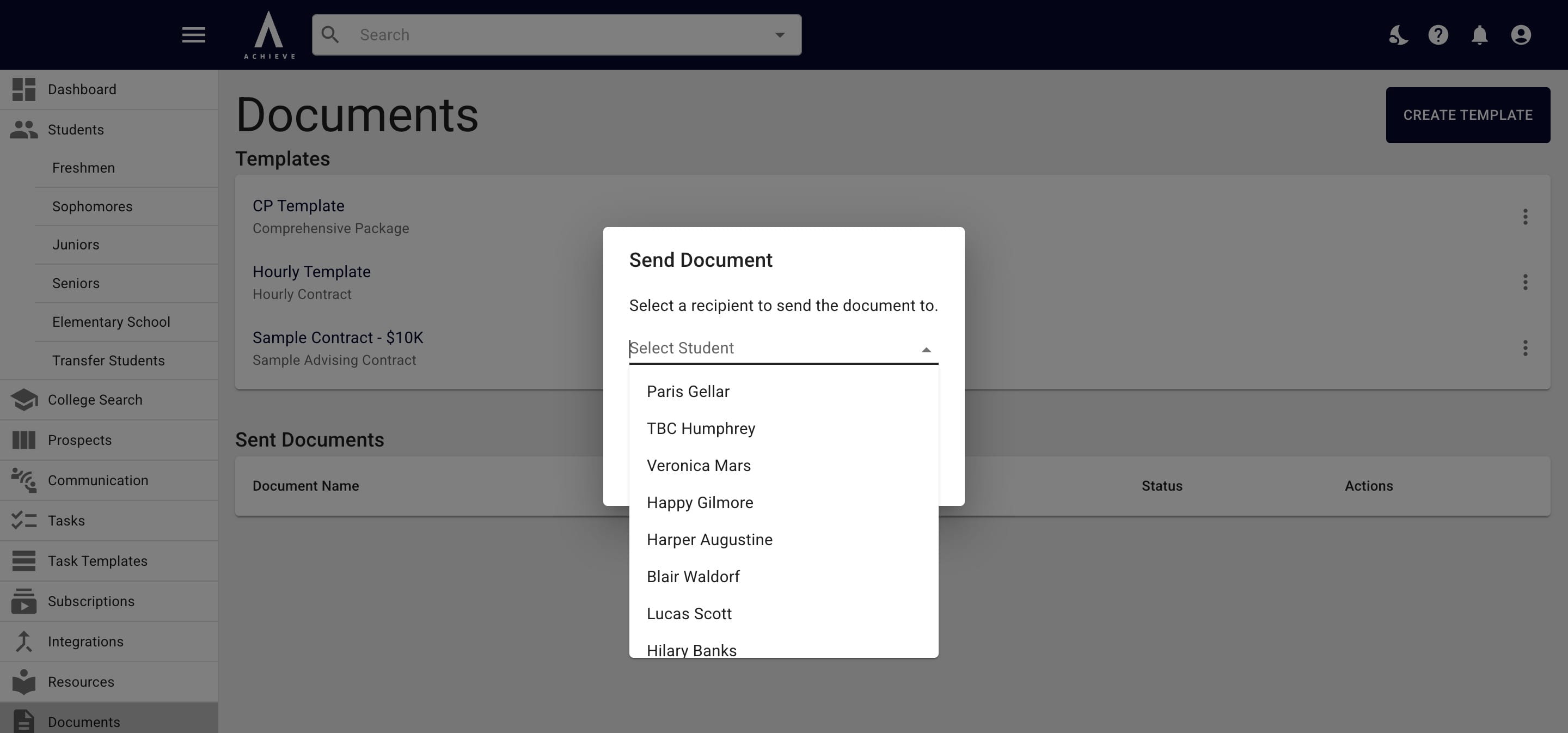 Start typing the applicable student's name where it say **Select Student** (even if the document is being sent to a parent/guardian). 