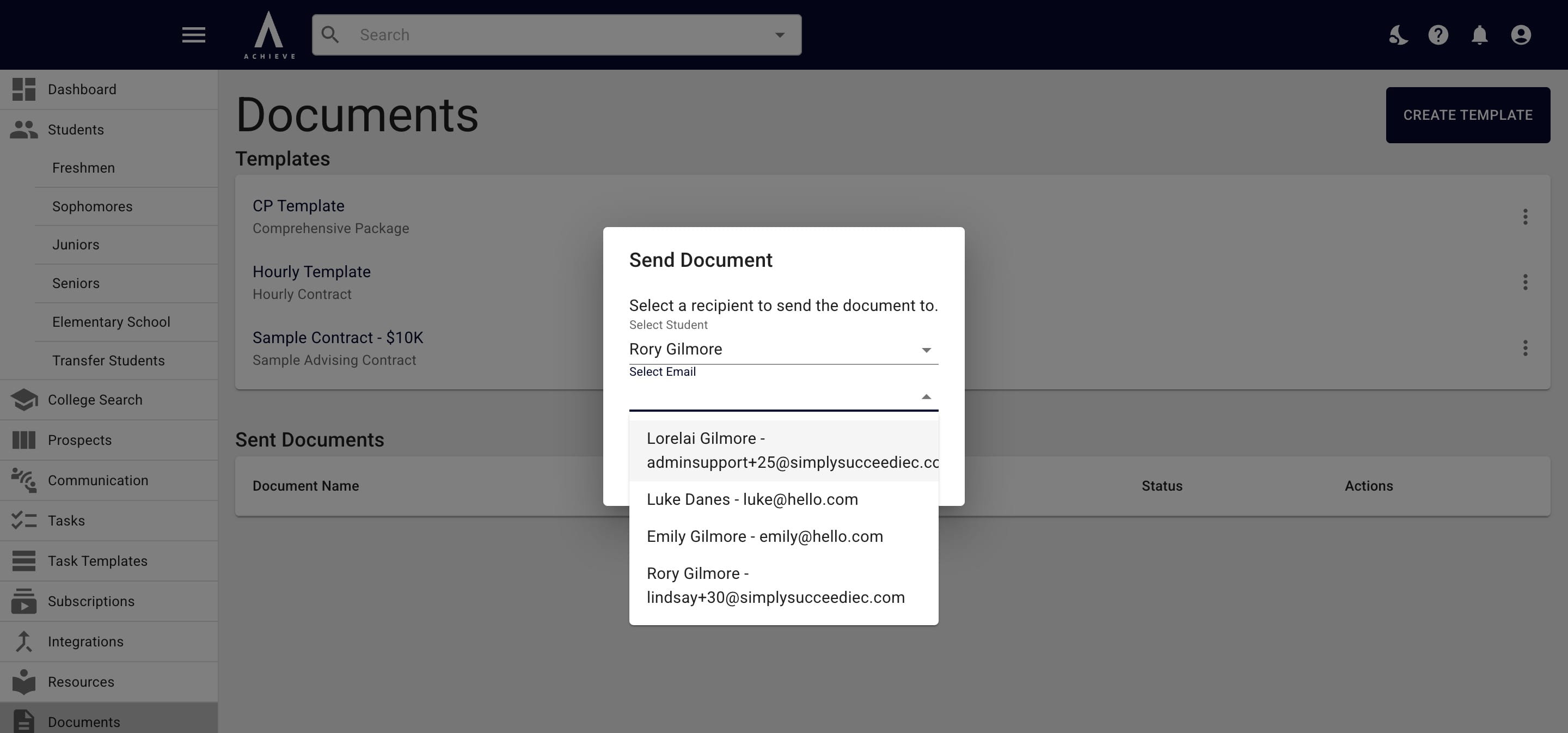 Choose the person you want to receive the document from the drop down. 