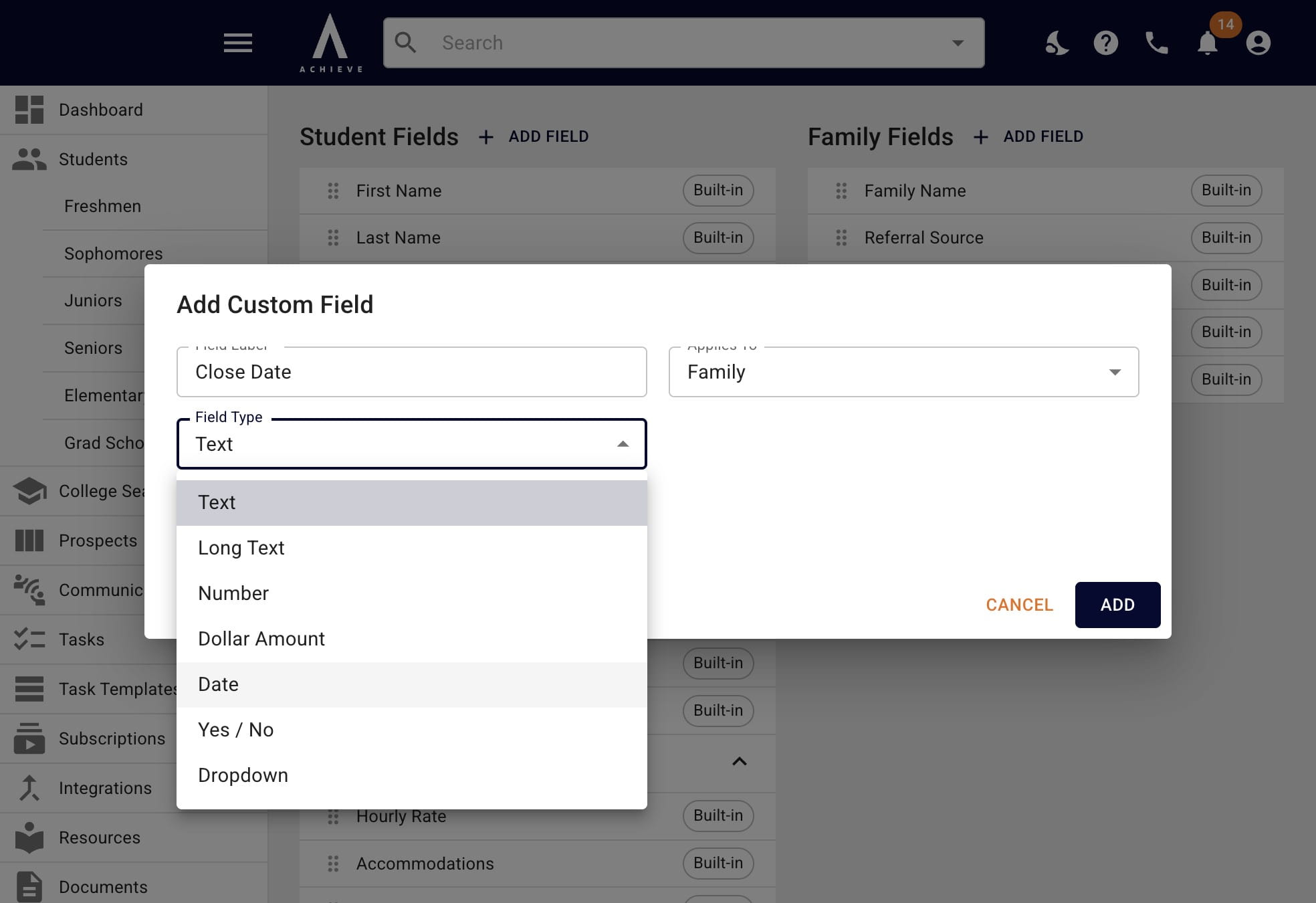 If you want the field to have a different format than text, open the **Field Type** drop down