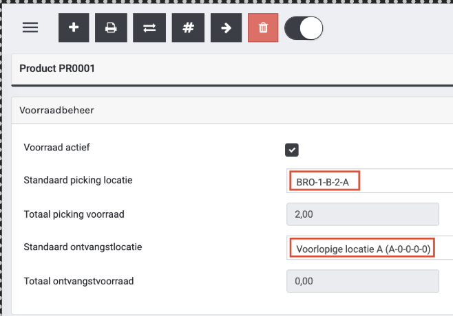 Op het product kan je de standaardlocatie instellen voor de locatietypes ‘Ontvangst’ en ‘Picking’. 