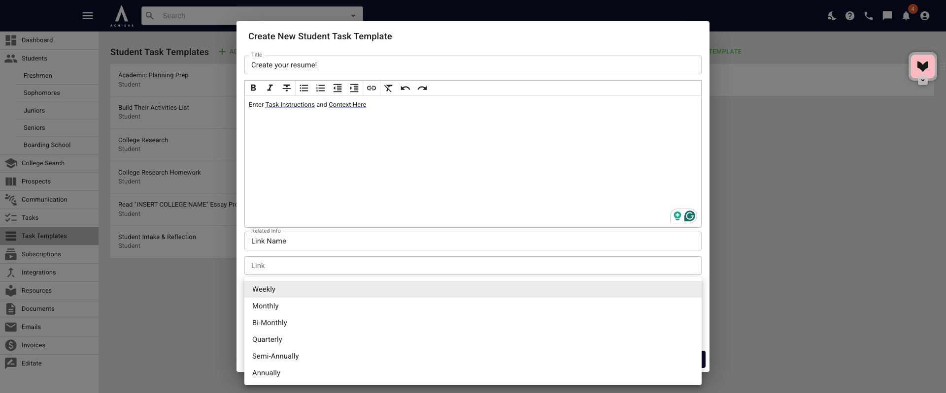 Clicking on **Weekly** will allow you to change the **Remind Frequency** as needed. 