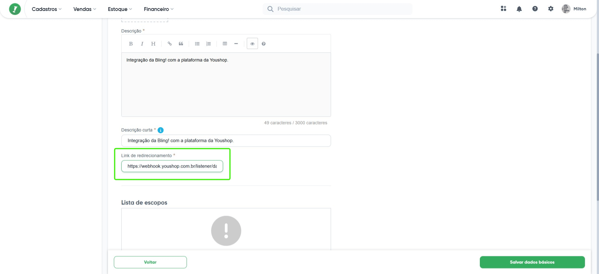 Cole essa URL no campo Link de redirecionamento nos dados básicos do Bling.