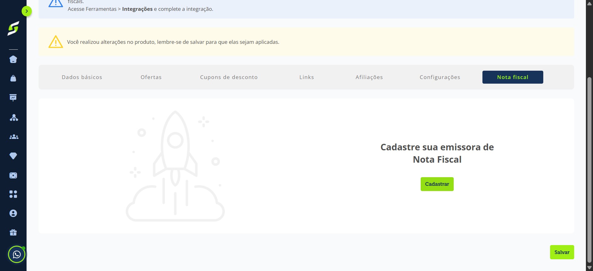 Acesse a aba "Nota Fiscal" e selecione a opção "Cadastrar".