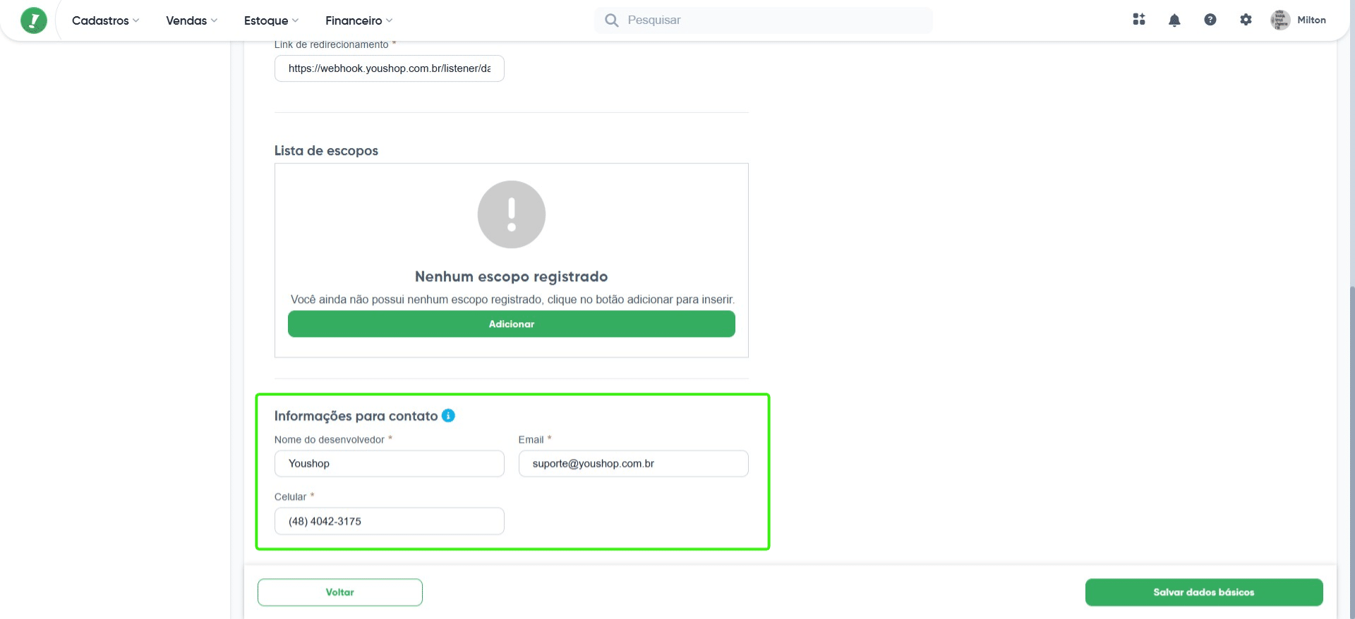 Preencha as informações de contato conforme o exemplo da imagem: