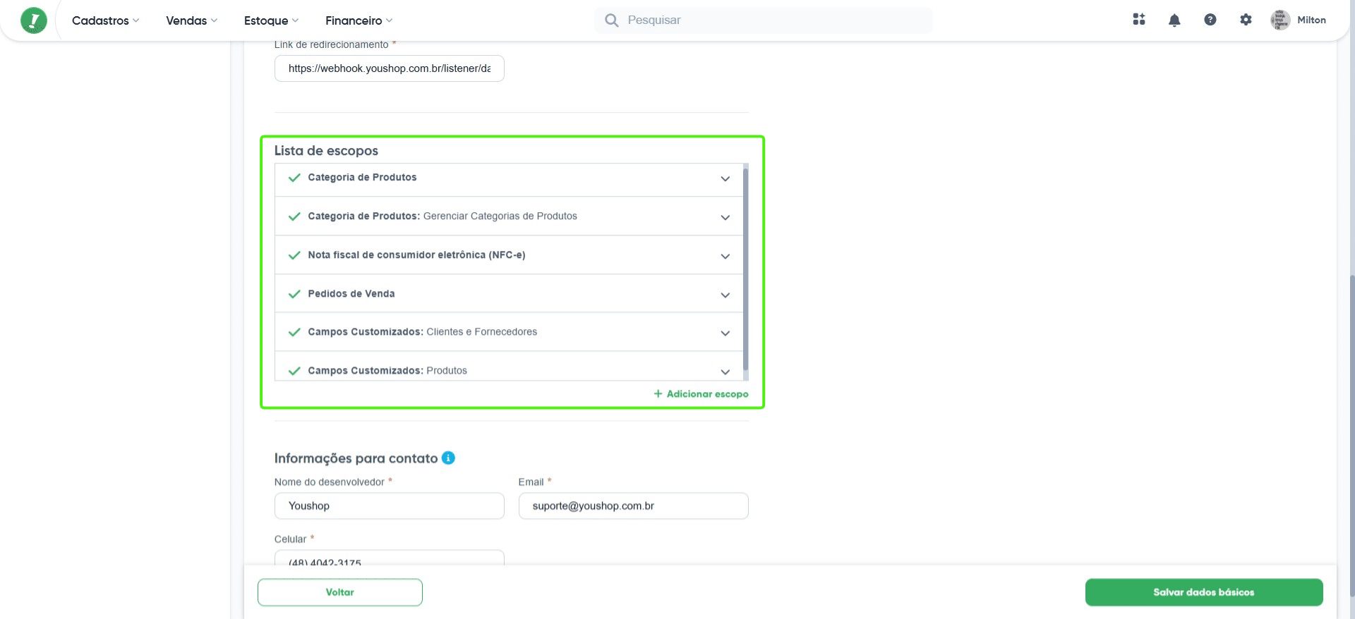 Na lista de escopos, adicione os escopos mostrados na imagem