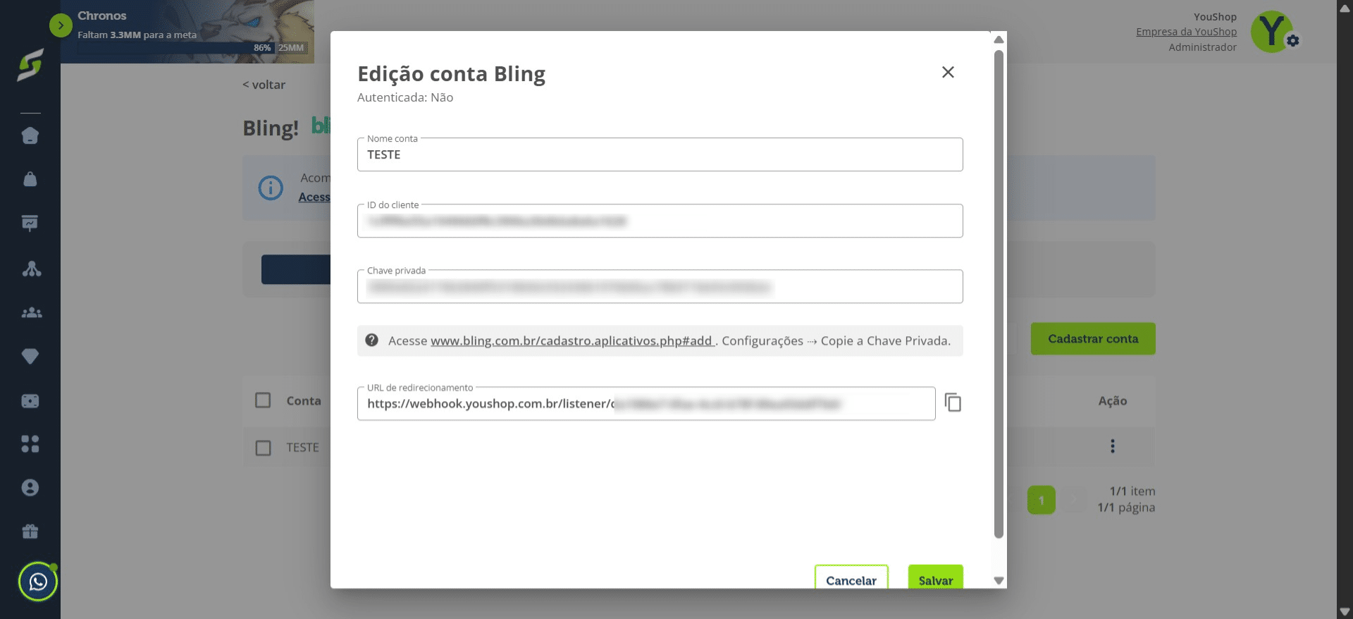 Retorne à Youshop, cole cada código no respectivo campo e clique em Salvar.