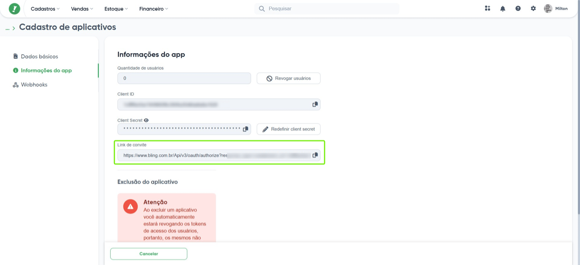 Após preencher os campos Client ID e Client Secret, retorne ao Bling, copie o link de convite e abra-o em outra aba.