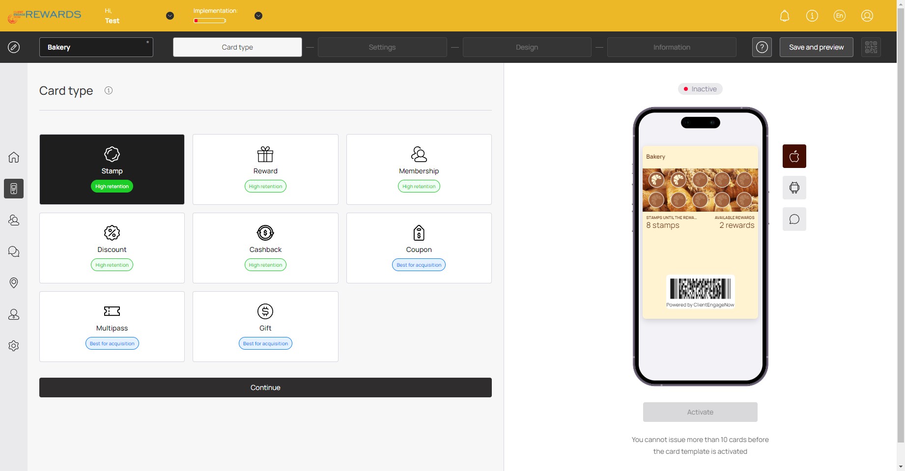 Card Type: Click on "Continue" once you've selected a Card type