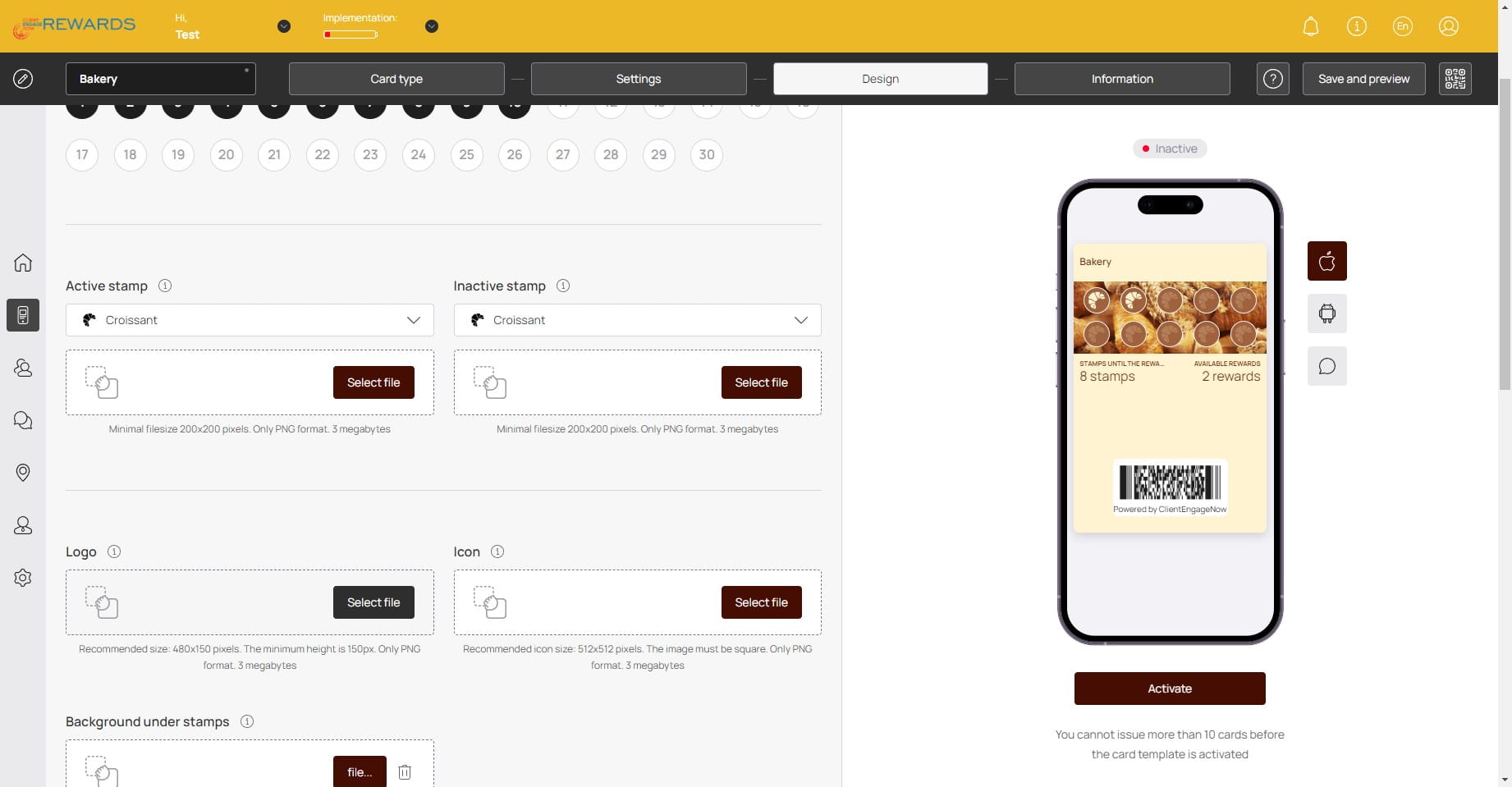 Design: You can continue to customize the rewards cards with Logos, Icons, Background photos in this section.