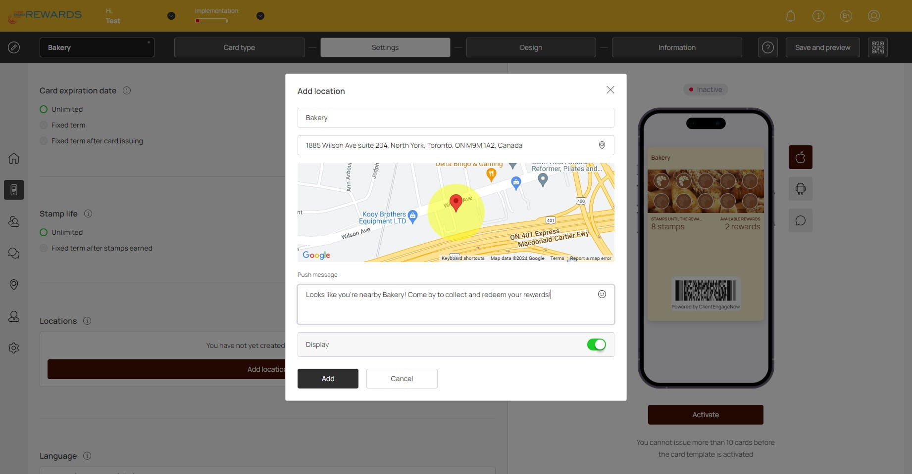 Settings: Enter your Company Name and Address