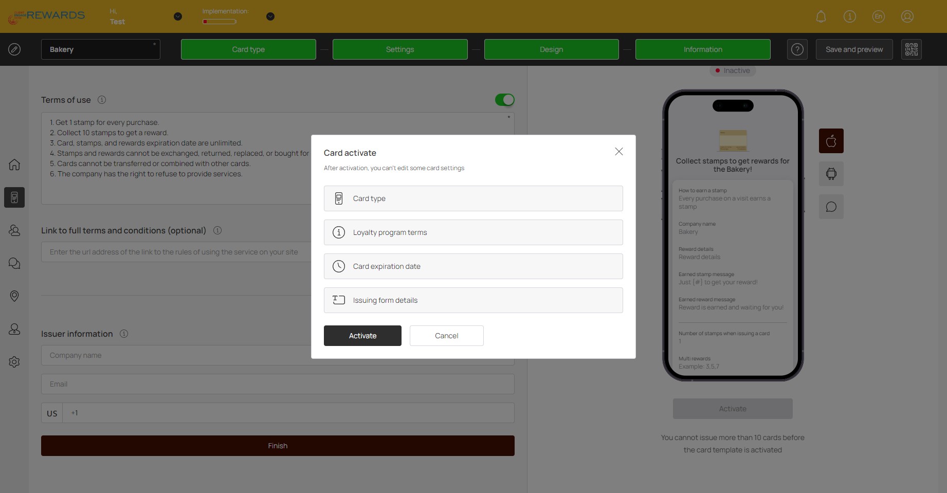 Click on "Activate" once you've completed building your card.