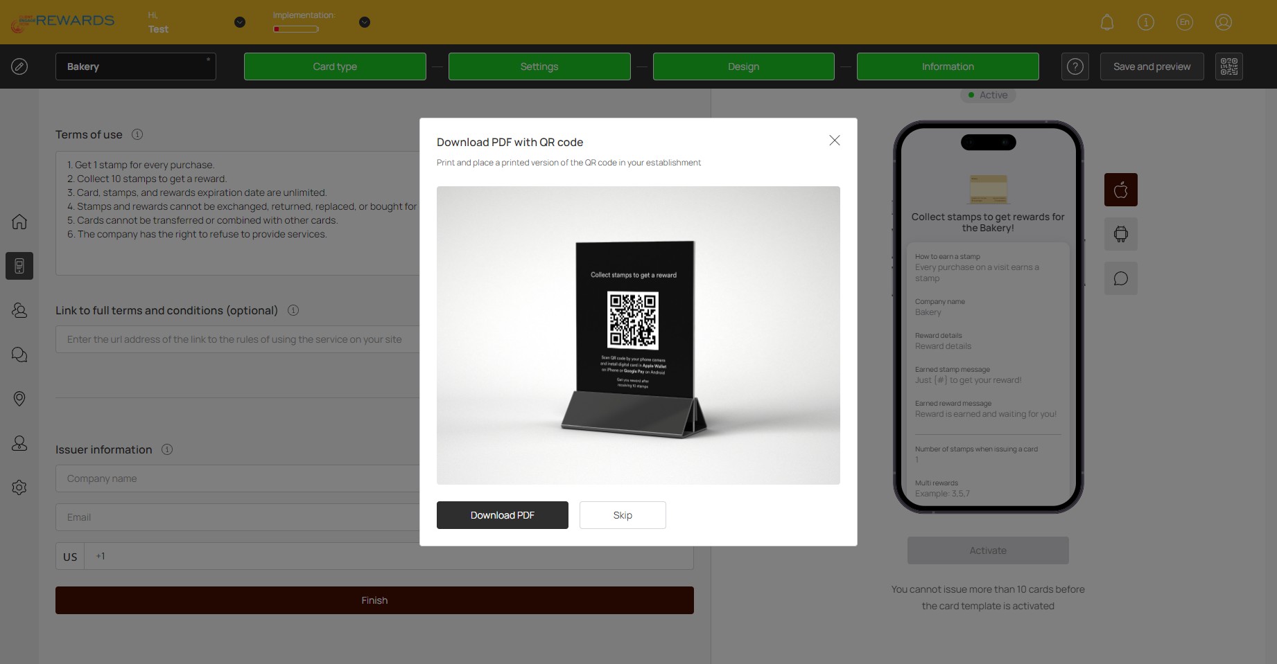 Click on "Download PDF" to receive a digital QR code of the rewards card. This can be shared with customers to receive the card.