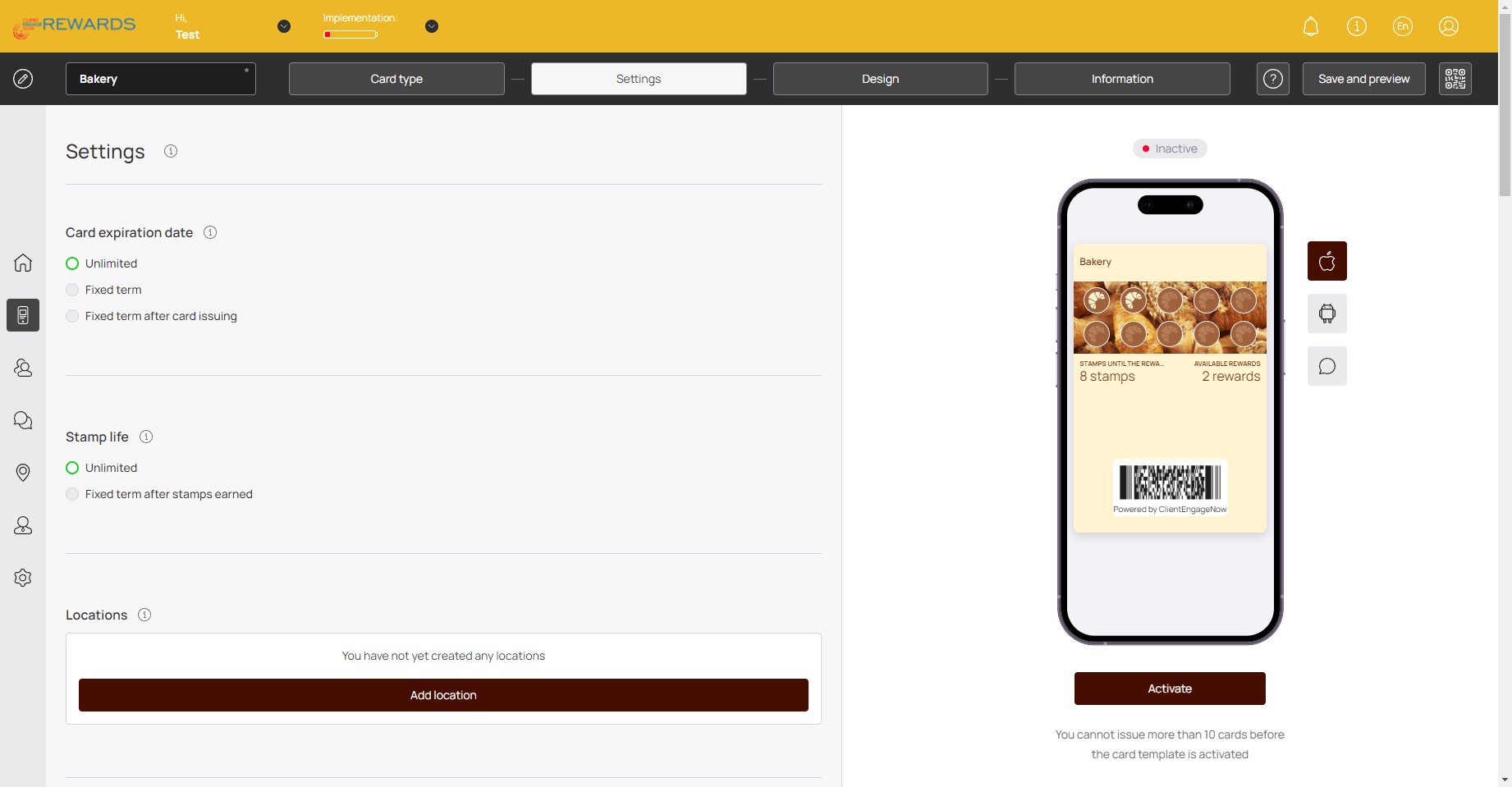 Settings: You can edit the card's settings here (Expiration dates)