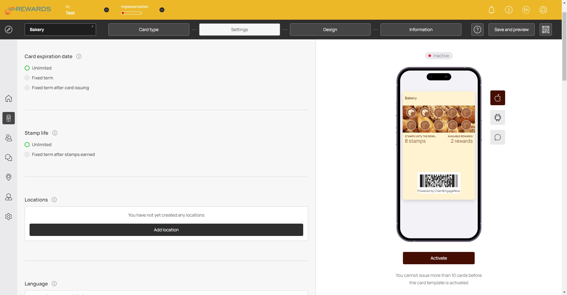 Settings: Click on "Add location" to add your business location.