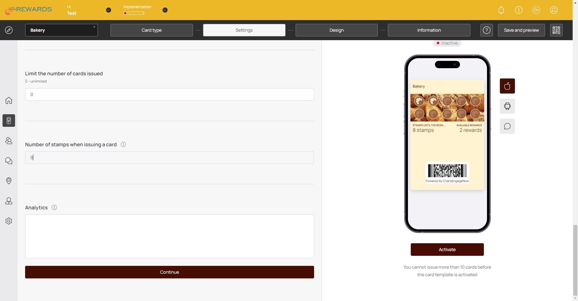 Settings: Click here to edit the amount of stamps given to the customer when they receive the rewards card.