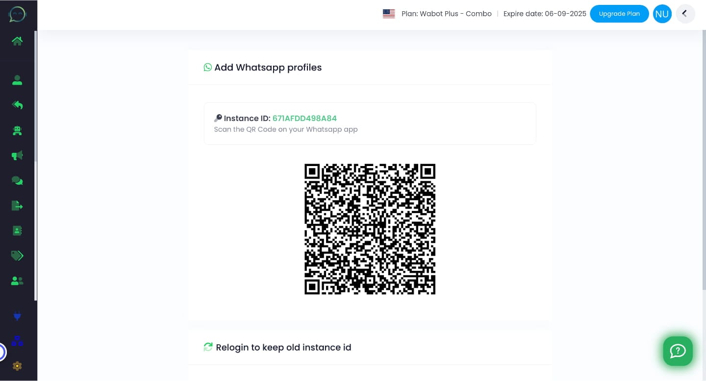 Scan the QR Code with the new WhatsApp number that you want to connect with Wabot