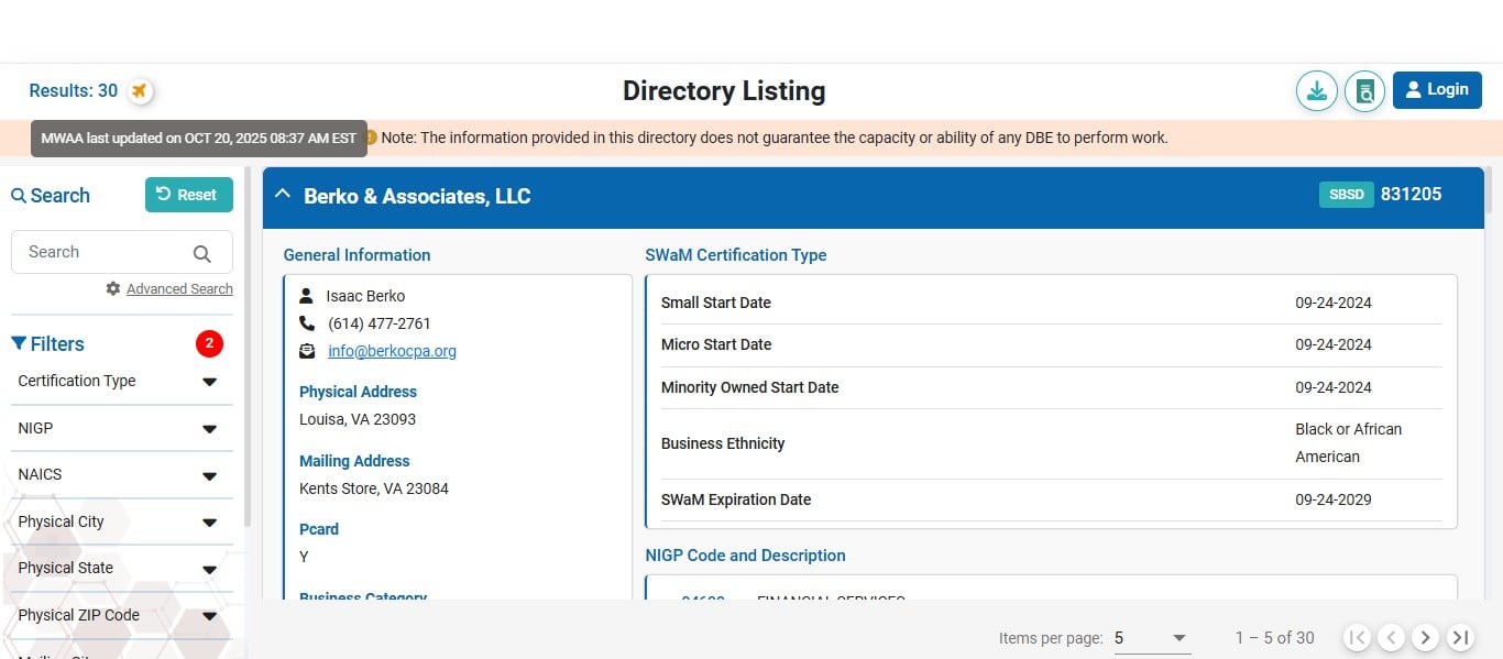 This will show you how many results populated through your search.
This search returned 30 results for certified-micro suppliers listed with the NIGP code for Books. The Procurement competition requirement for purchases under $10,000 not made on an existing contract or to an already certified-micro business is to obtain ONE quote from a certified-micro business prior to purchasing. Any one of the suppliers within this search would suffice. For additional information regarding the micro-business quote requirement, visit the [Certified Business Quote Requirement](https://adminfinance.umw.edu/procurement/umw-policies-and-procedures-2/vendor-selection/) page on the Procurement website.