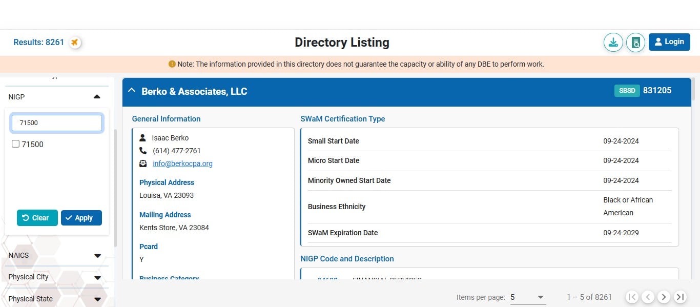 Once you enter your code, if the SBSD directory has suppliers registered for that code, it will show up in the list that you can select. Click on the check box next to the code.