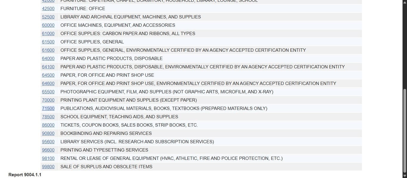 Read through the categories that populate from your search in order to select the best one. Each "Class" code that populates is clickable and may have additional codes with sub-categories. Do your best to find the most applicable code to use in your supplier search. For the purposes of this example, we will select Class Code 71500.