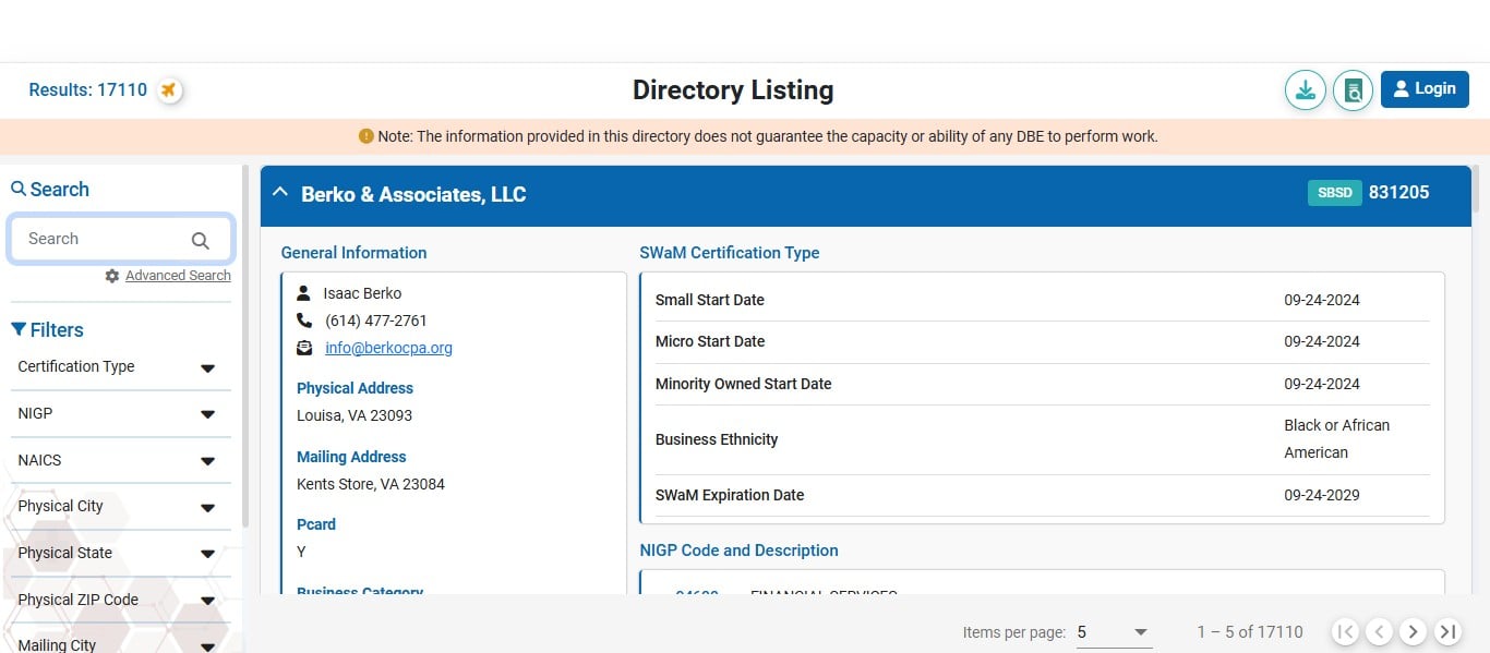 Now we can use our NIGP Code search to find certified-micro businesses for us to contact. First, we want to use the Search Filters on the left to narrow down our search. Click on "Certification Type."