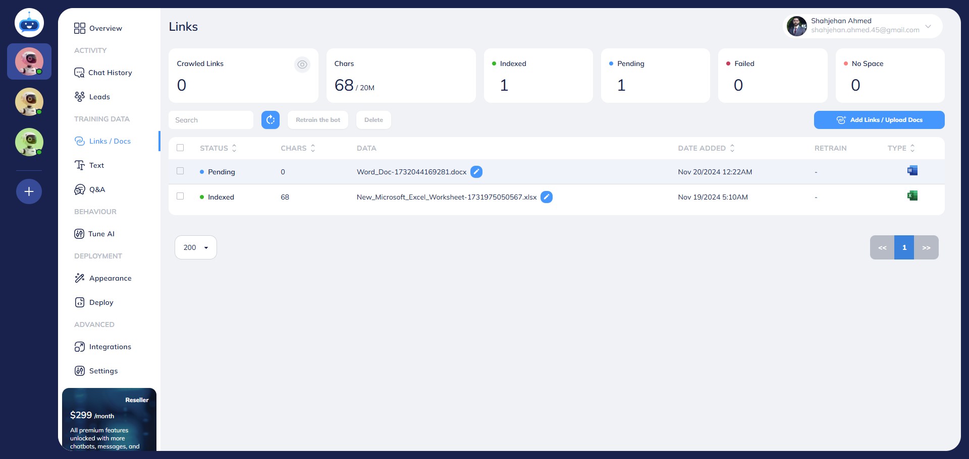 You will see the pending Status while the chatbot is indexing your file.