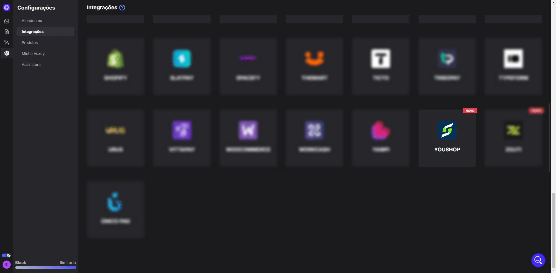 Agora acesse o painel da Voxuy, vá até Configurações e, no menu Integrações, clique em YouShop.