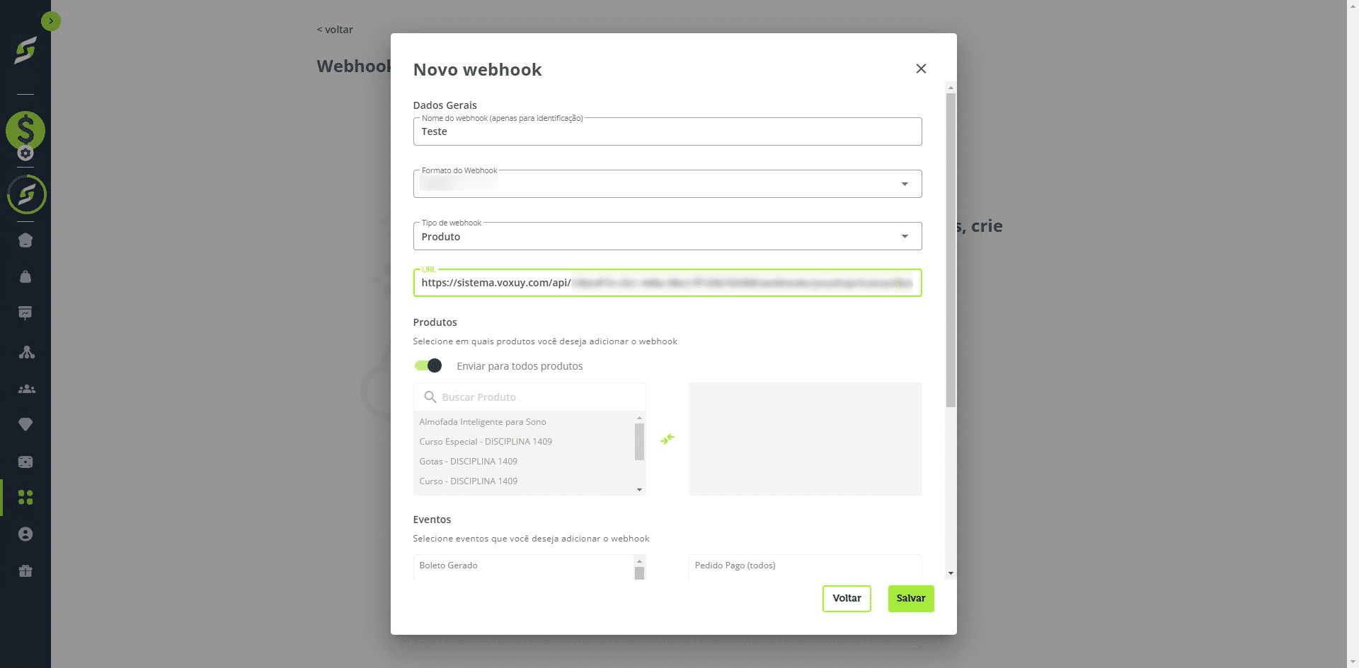 Volte para a YouShop e cole a URL de postback no campo indicado.
