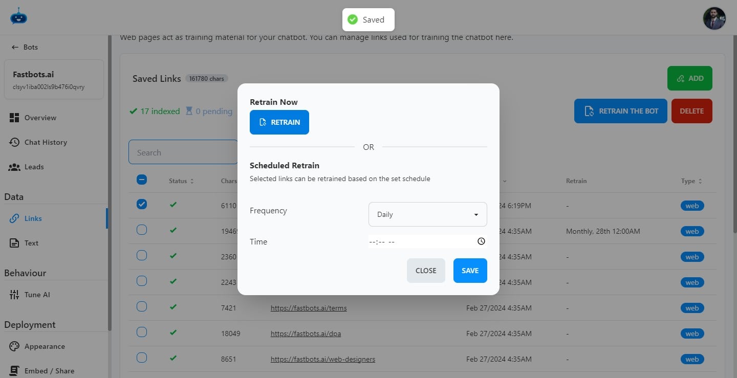 Here you see two options. You can either Retrain the bot now or you can set a frequency on which the Chatbot should auto-retrain after a certain period of time.