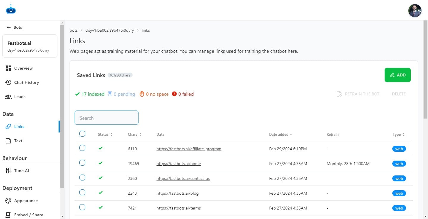Refresh the app to make sure that the Chatbot is retrained and you see a Green Tick under the Status column.