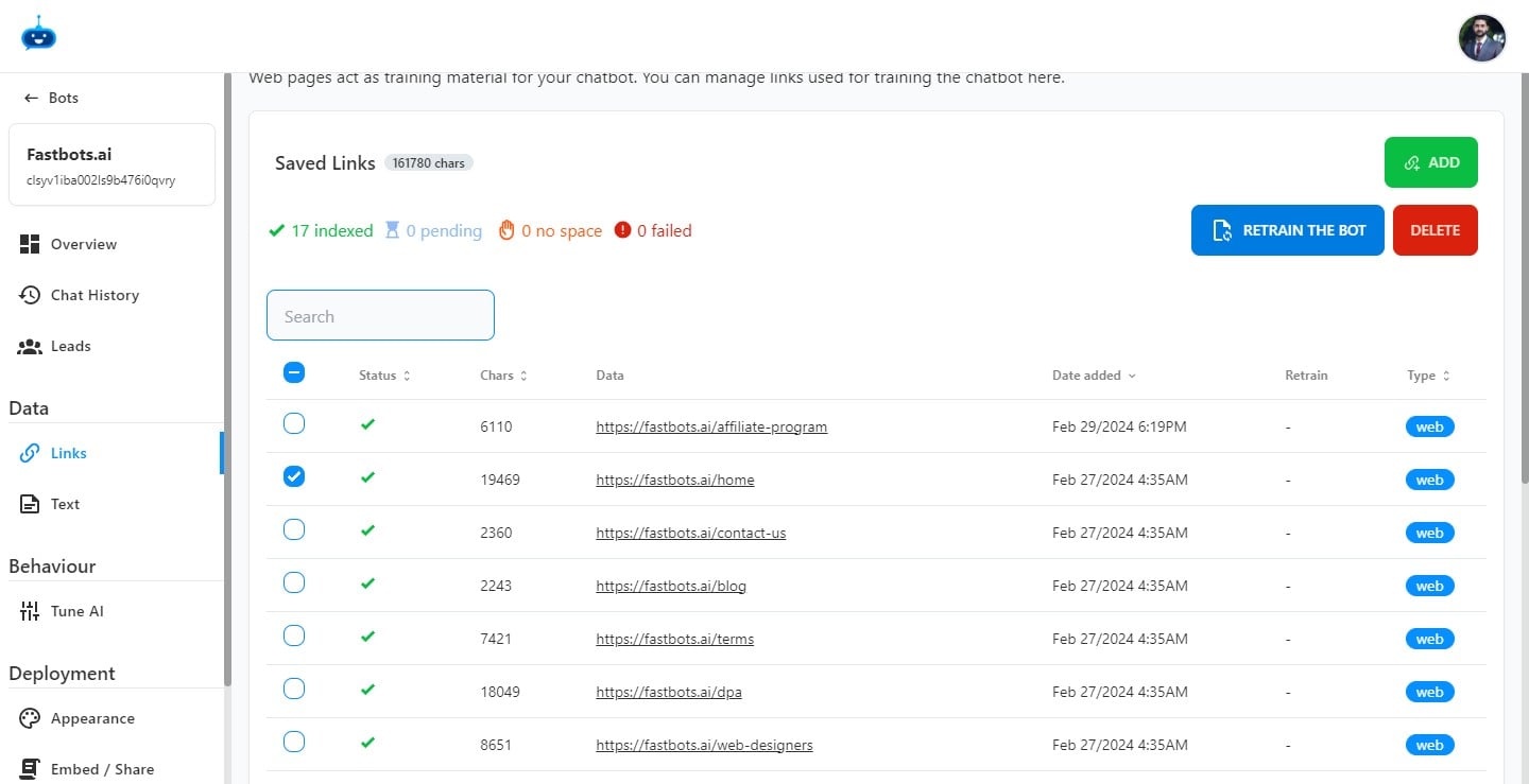 After selecting the URL, click on "Retrain The Bot" button.