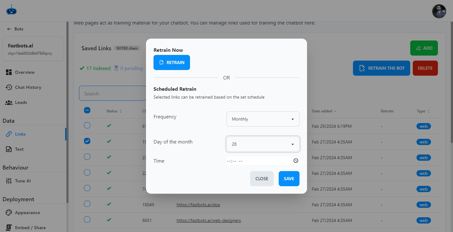 Now, you can set a time at which you want the Chatbot to auto-retrain. 