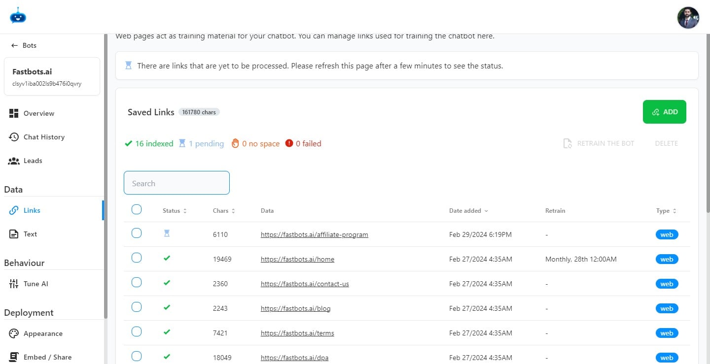 It will start Retraining the Chatbot and you will see the status as Pending.