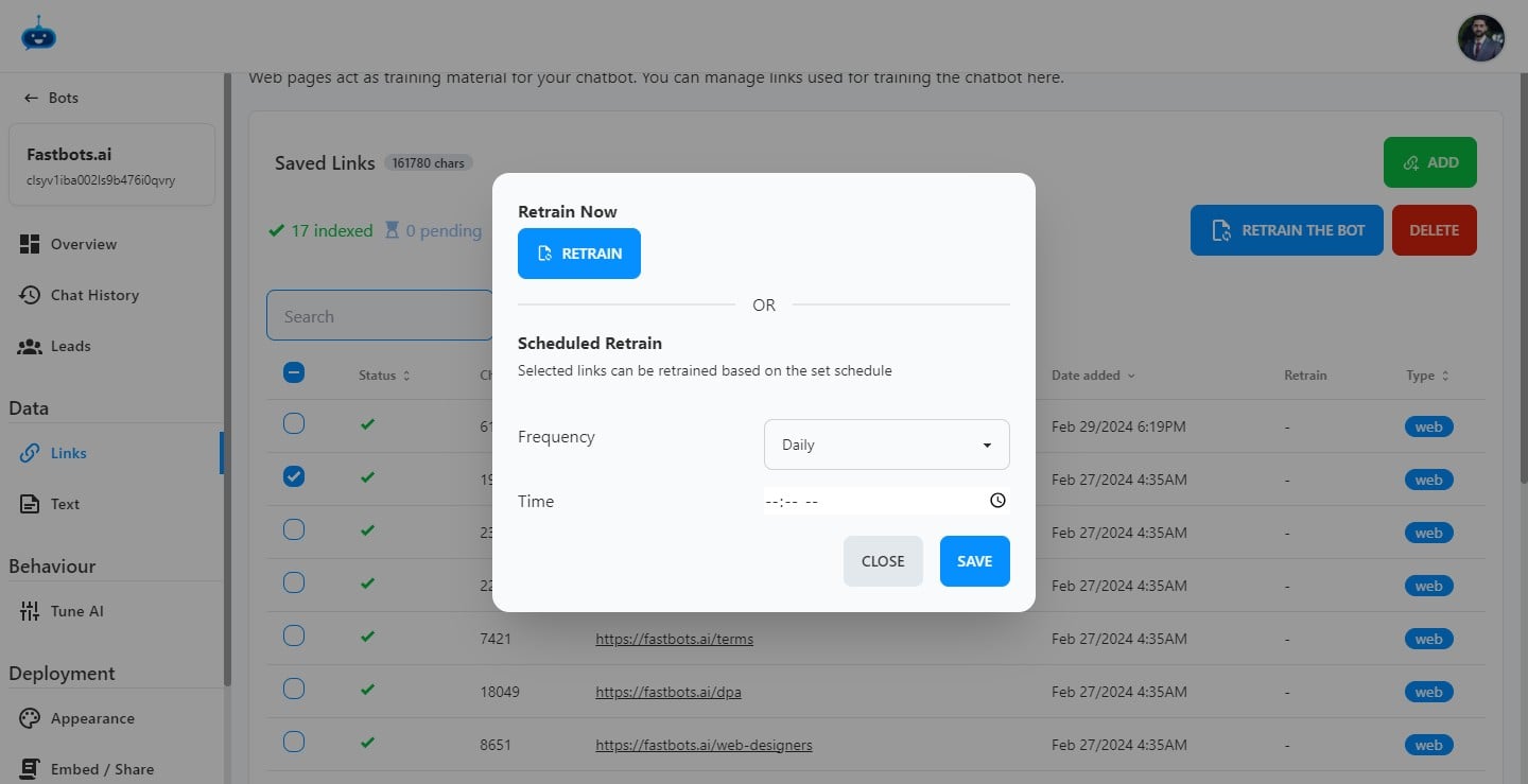 If you want to Retrain the Chatbot for just once, just click on the "Retrain" button.