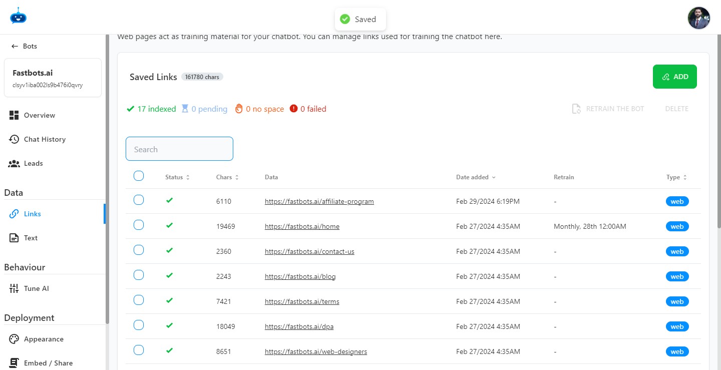 After clicking save, you will see the Auto-Retrain frequency details under the "Retrain" column.