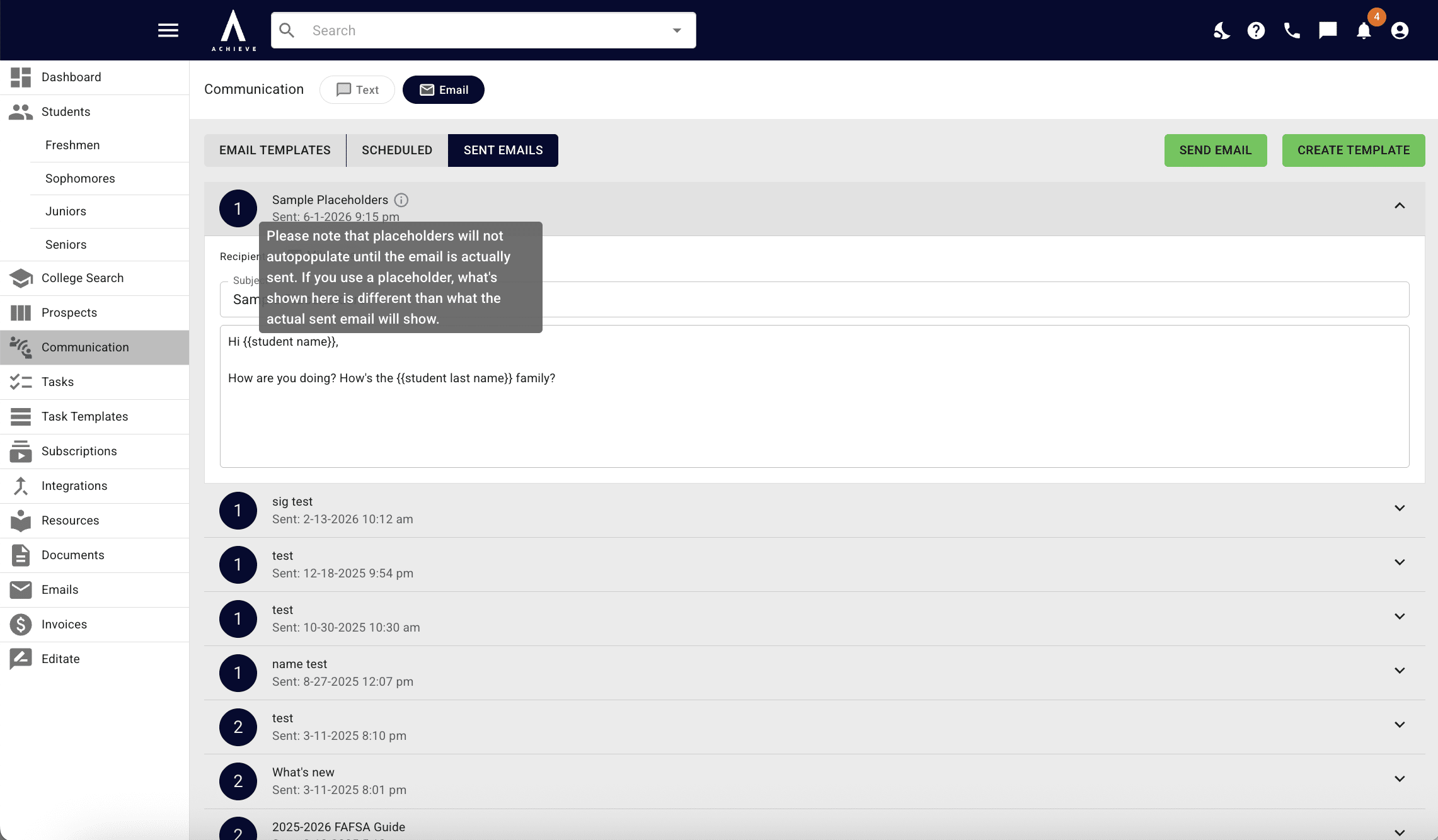 While you will see your email under the **Sent Email** section, it will still show the placeholders