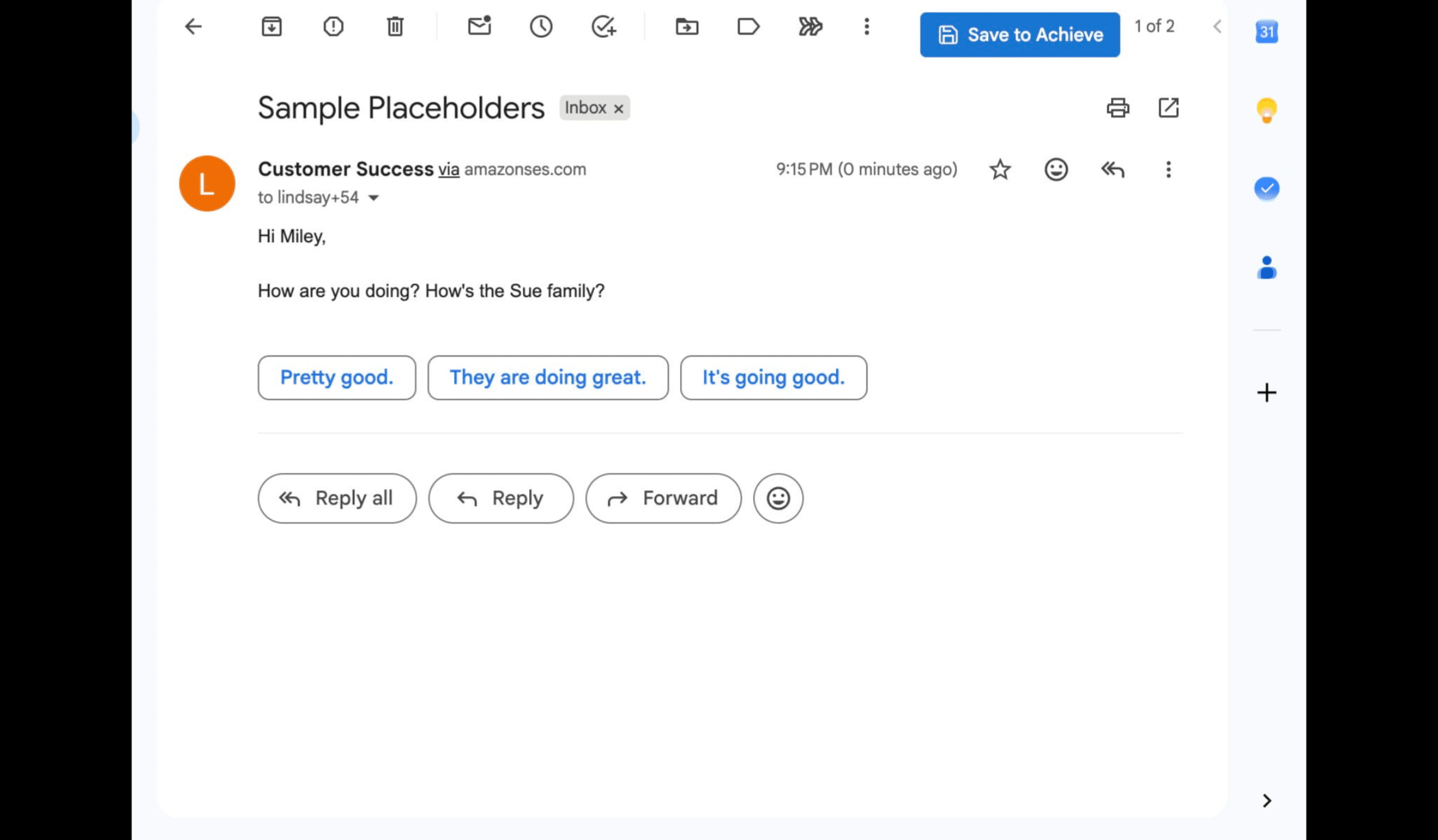 The actual email will have all of the applicable placeholders, as seen below
