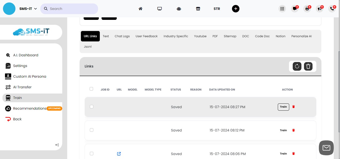 **Retraining Process:**
**To retrain any dataset:**
       1. Click on "Train" for the specific data you want to update
          2. Review and modify the existing data as needed
         3. Choose a different Data Analysis method if desired
          4. Click "Train" again to implement changes

This process allows for continuous improvement and refinement of your AI assistant's knowledge and capabilities.