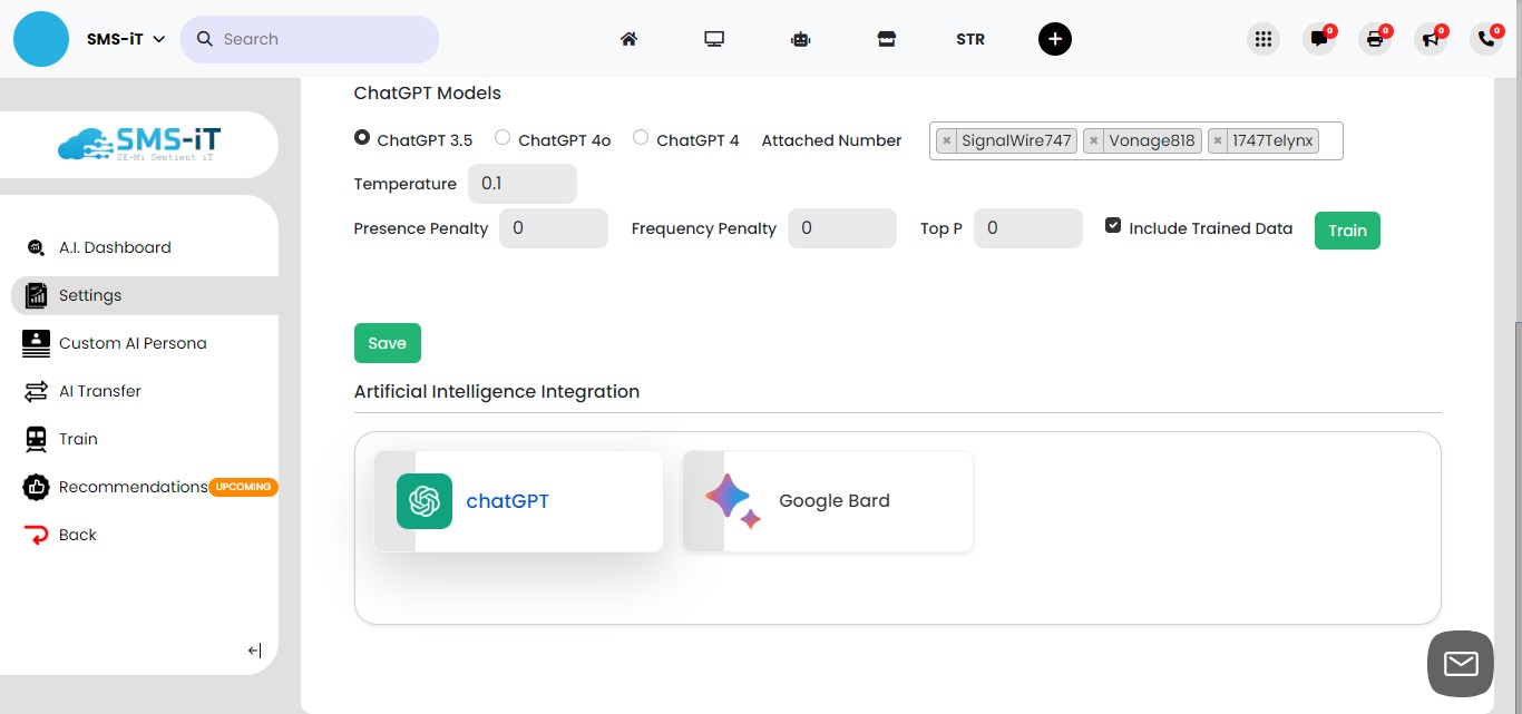 **Adding an API Key for ChatGPT:**
        - Click on the ChatGPT icon to open the API key configuration section.
       - This will allow you to enter your ChatGPT API key for integration with the SMS-iT CRM system.

Note: This example uses ChatGPT, but the process may be similar for other AI models or services supported by our platform.