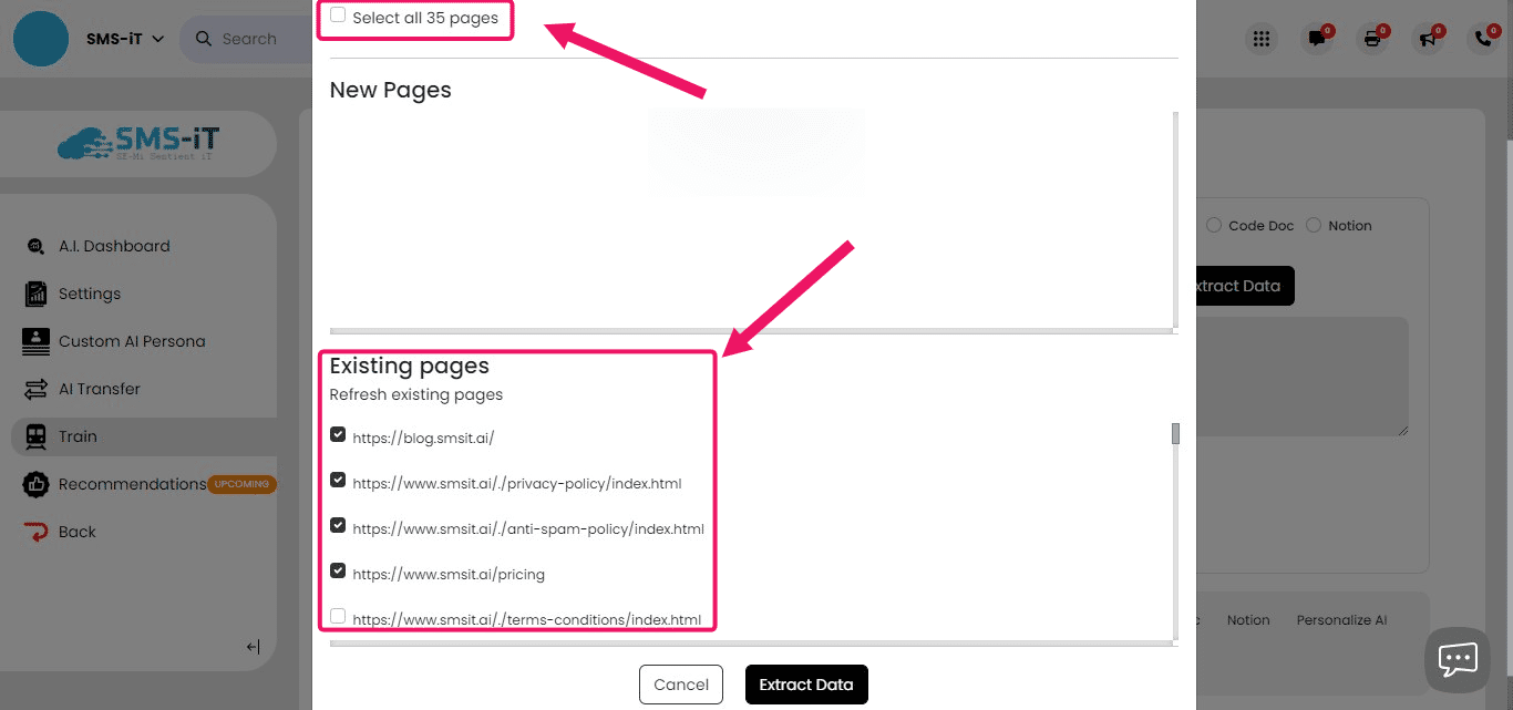 **Data Extraction Options:**

"Select all pages" for comprehensive extraction
Individually select from "Existing pages" for targeted extraction