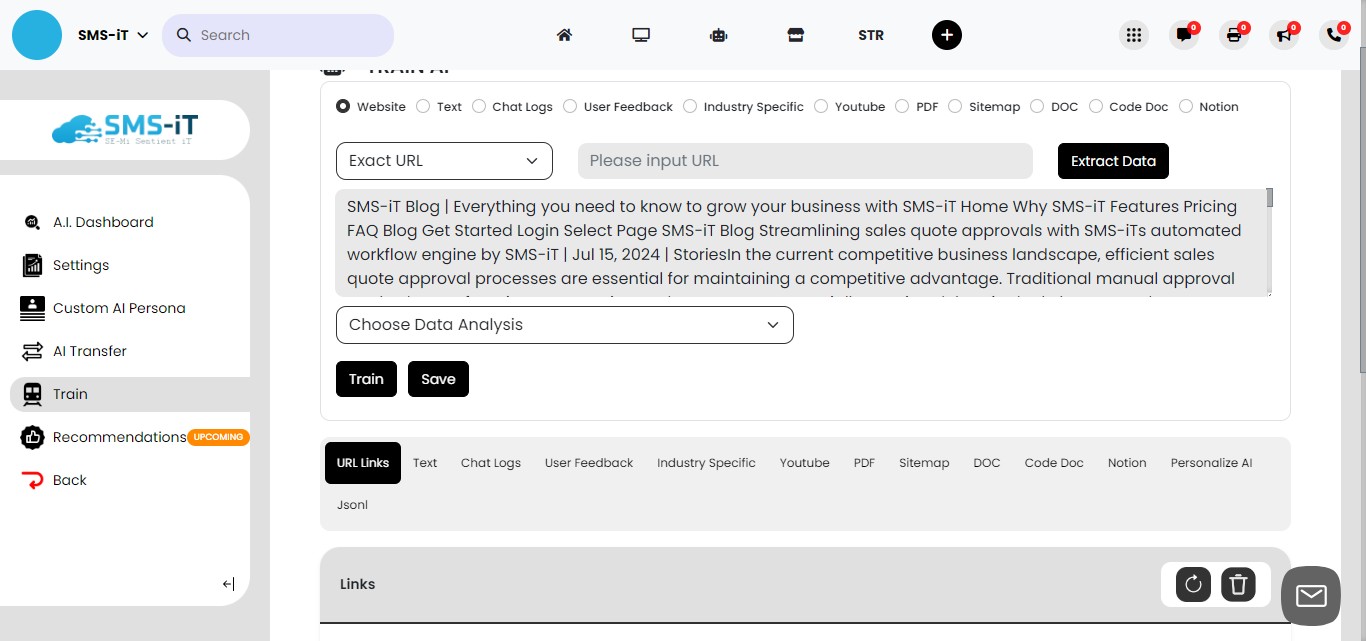 **Retraining Existing Data:**
           - Existing data appears in the text box
           - Add or remove information as needed
          - Option to use a different Data Analysis method
           - Click "Train" to retrain with updated information

This flexible approach allows you to keep your AI assistant's knowledge current and relevant to your business needs.