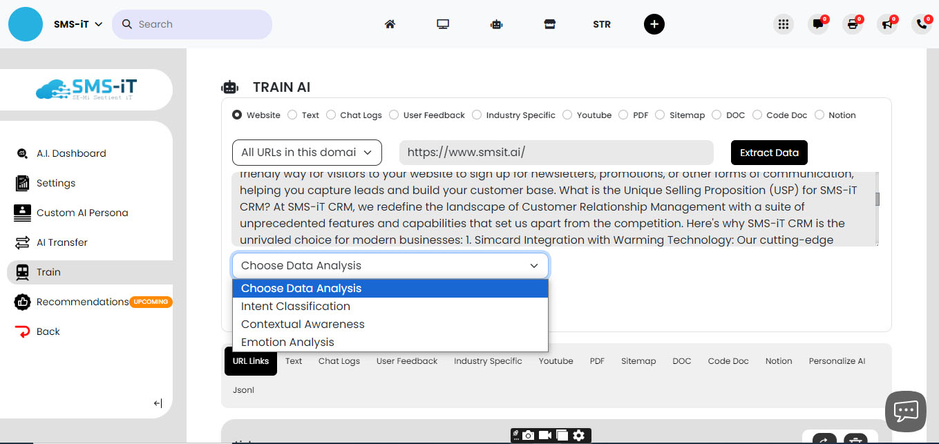 **Select Data Analysis Method:**
Choose your desired mode of analysis from the "Choose Data Analysis" dropdown menu to train your AI assistant effectively.ta