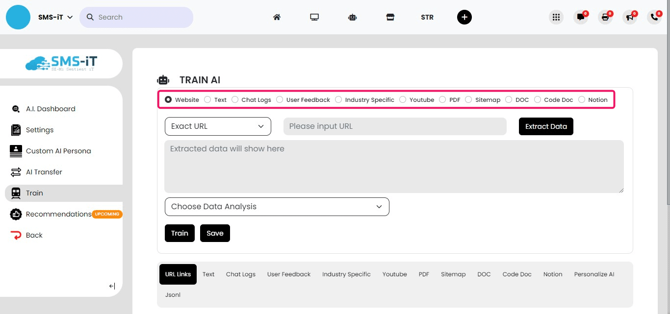 **AI Training Data Sources:**
           - Website content
       - Text documents
        - Chat logs
         - User feedback
         - Industry-specific information
           - YouTube videos
          - PDFs
            - Sitemaps
         - DOC files
          - Code documentation
           - Notion content

This variety of sources allows for comprehensive AI training tailored to your business needs.