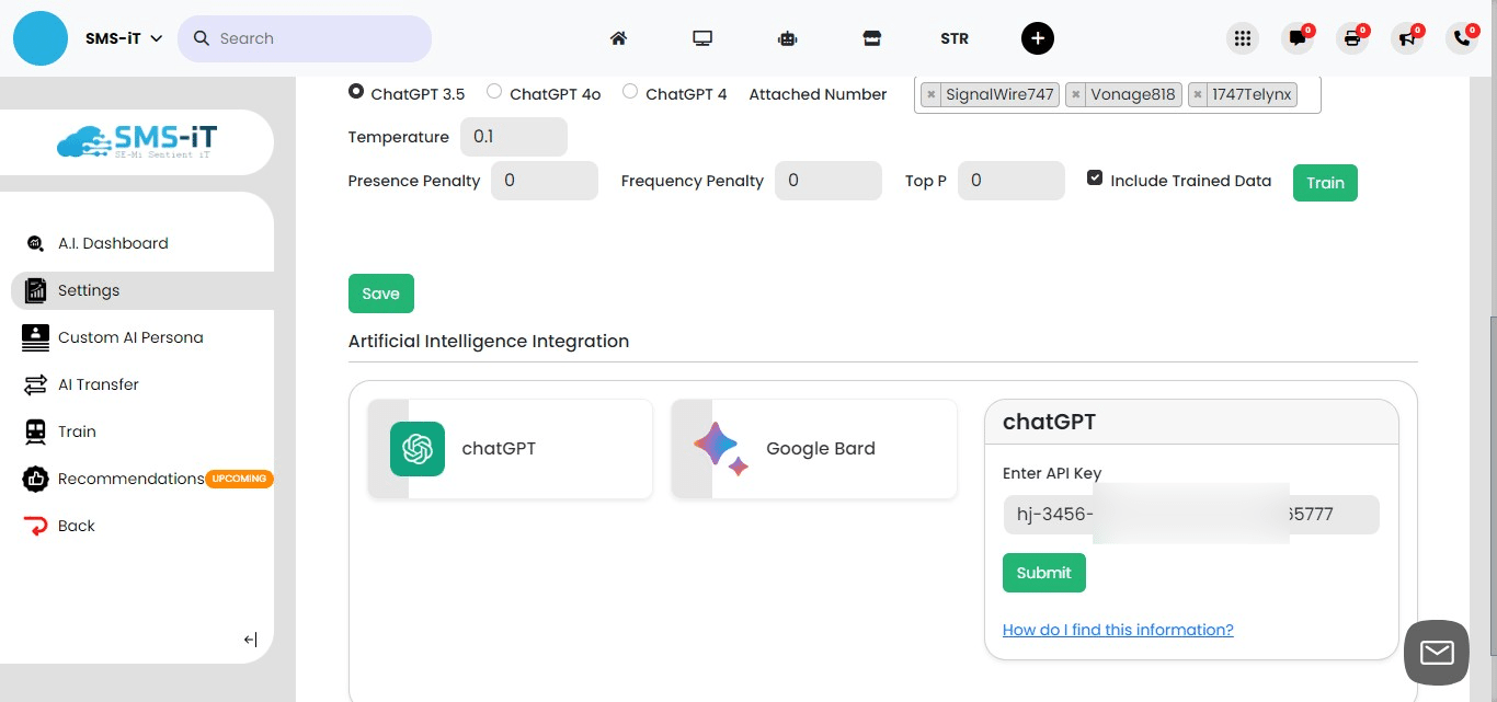 **Adding Your API Key:**
          - In the API key configuration section, you'll see a field to enter your API key.
         - Carefully type or paste your ChatGPT API key into the provided field.
        - Click the "Submit" button.
         - This action will save your API key and integrate ChatGPT with your SMS-iT CRM system.

Remember: Keep your API key confidential and secure. Never share it with unauthorized individuals.