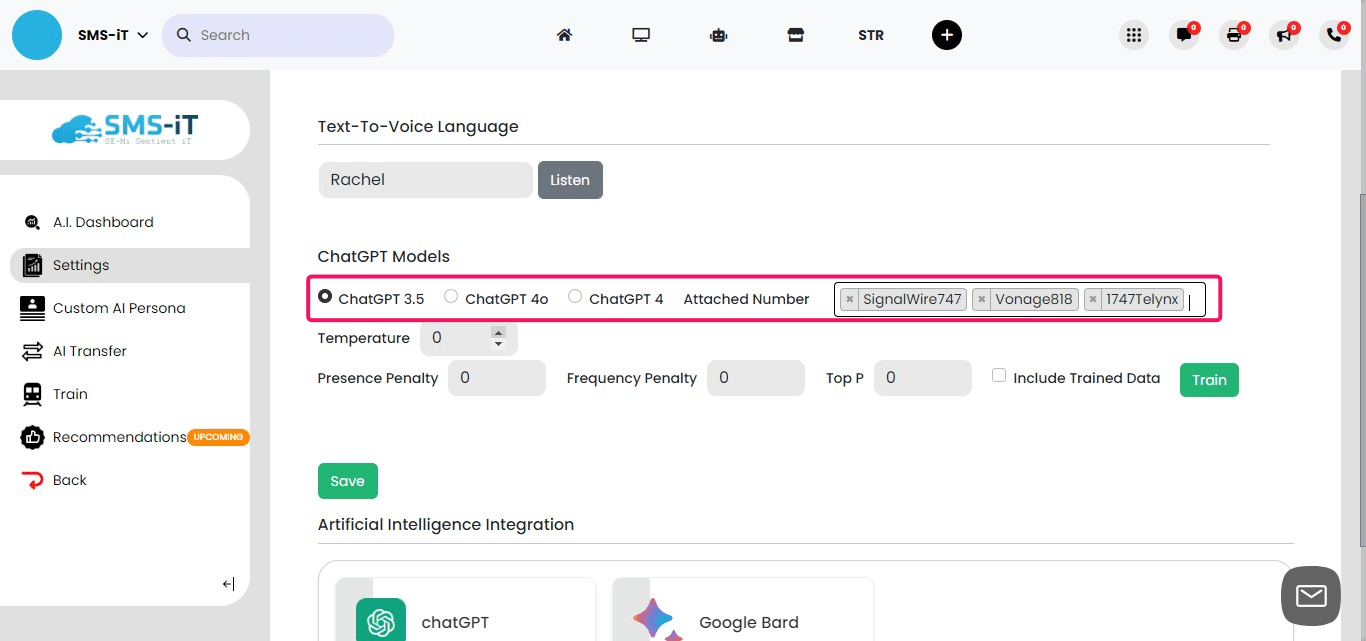 Attach phone numbers to each AI model. Different models can have separate numbers assigned to them for incoming texts.