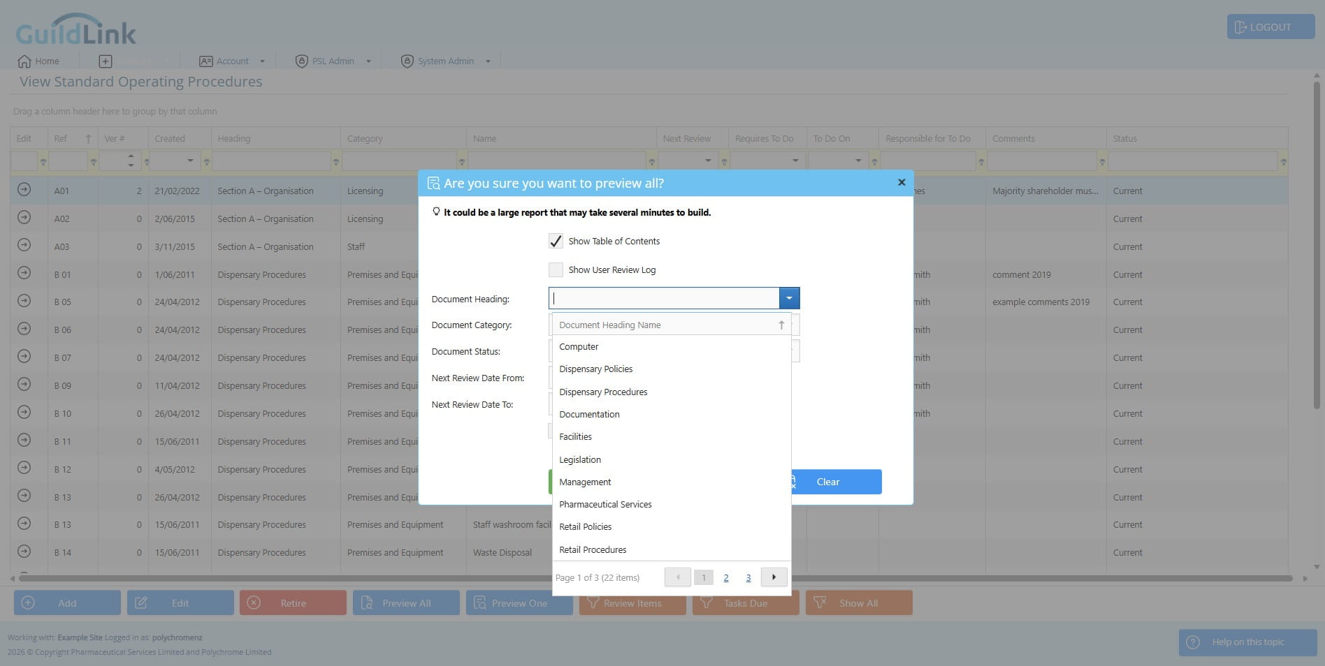 You can optionally filter by document heading, category, statis and review dates.