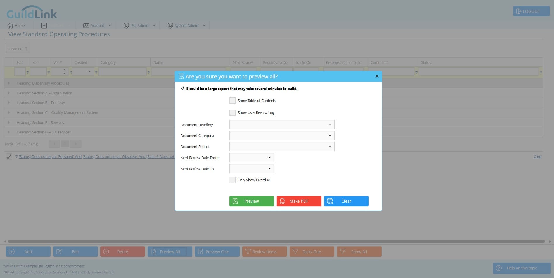 You can choose to include a log of staff reviews for SOPs. This is only relevant if you are NOT using the paper based tracking options. This option is for when staff are recording that they have read and understood SOPs using GuildLink.