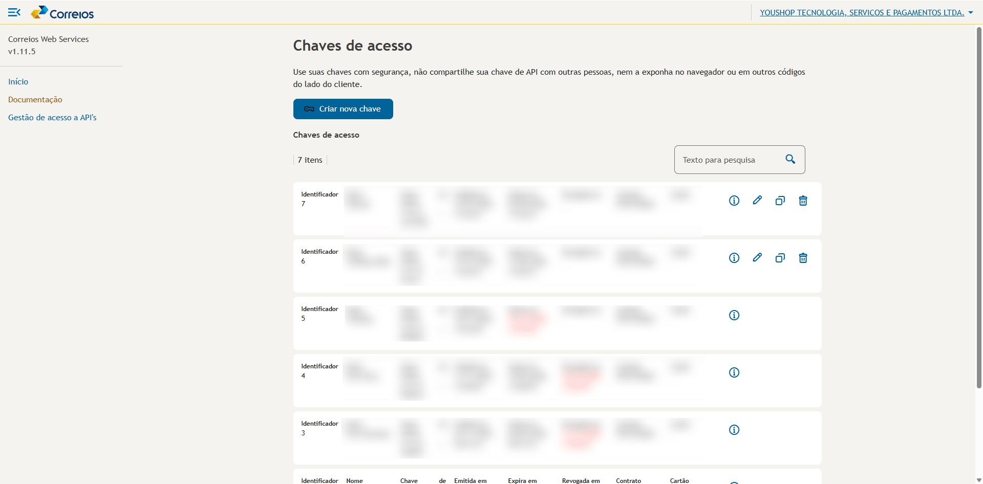 Na lateral esquerda, acesse **Chaves de acesso**. Em seguida, clique em **Criar nova chave de acesso**.