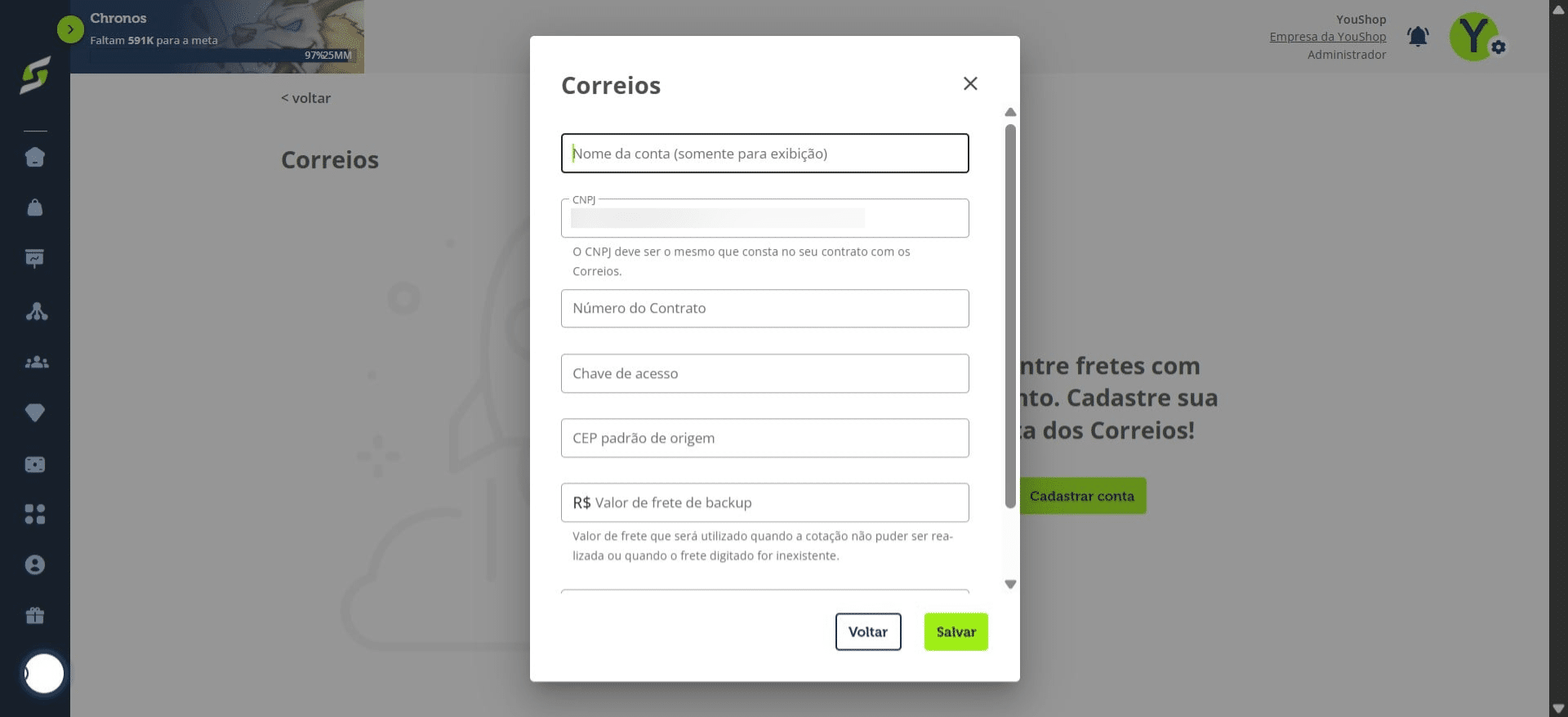 Adicione um nome para a conta (esse nome será apenas para identificação dentro da plataforma).