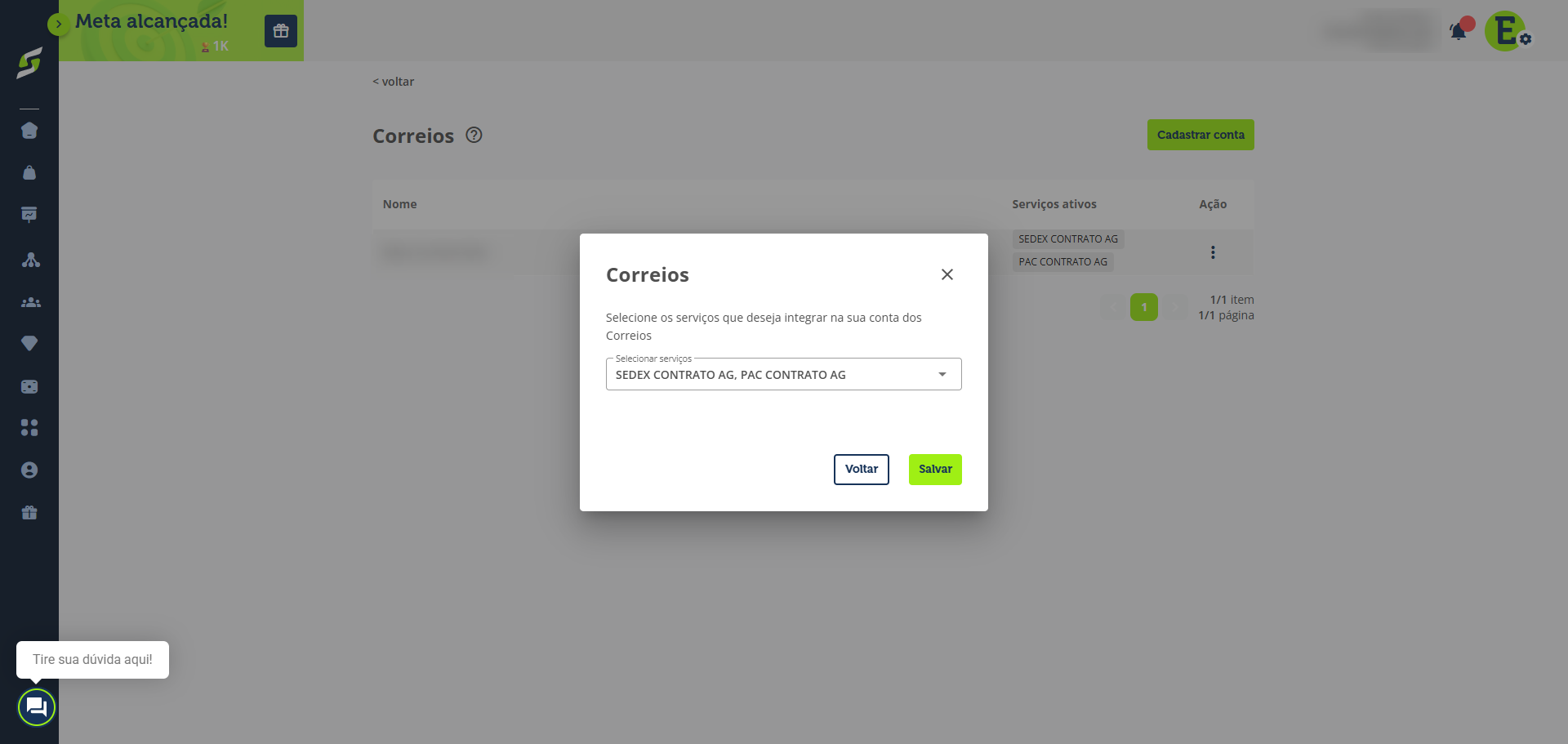 Após criar sua conta, adicione os serviços dos Correios que você contratou (ex: PAC, SEDEX, etc.).