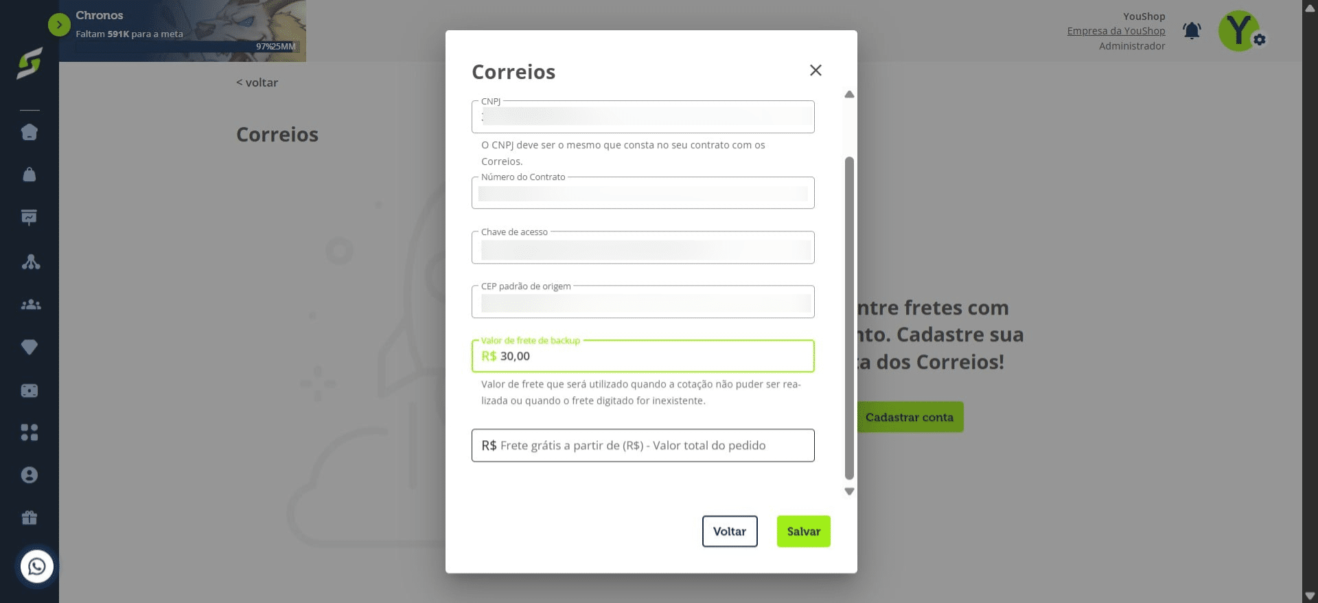 Caso queira oferecer frete grátis, informe o valor mínimo do pedido para ativar essa condição.